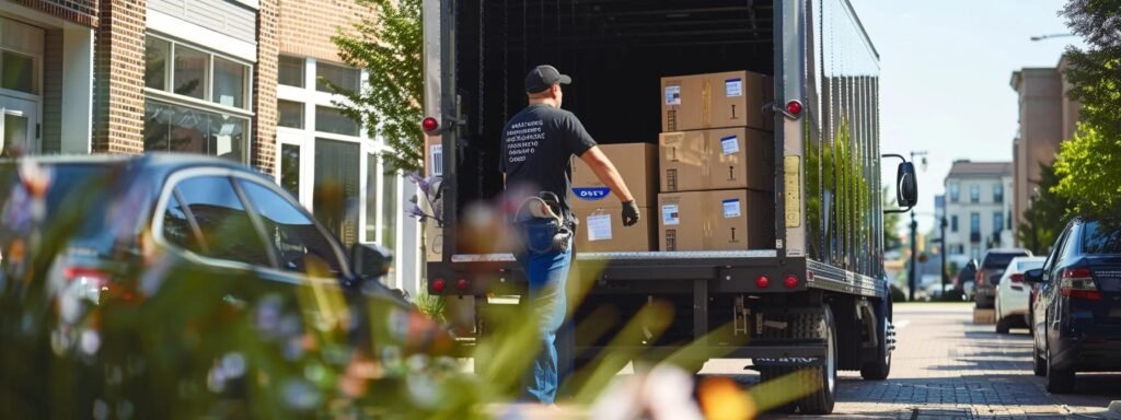 a dynamic urban setting showcases a team of professional movers efficiently packing boxes into a sleek moving truck, with the vibrant logo of next door movers prominently displayed, symbolizing their commitment to a seamless transition for residential and commercial clients in bustling manasquan, nj.