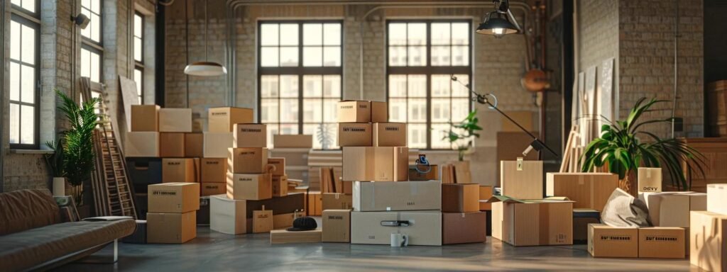 a dynamic workspace filled with neatly stacked boxes and packing materials, highlighting a focused professional meticulously organizing items for a seamless move in an urban setting.