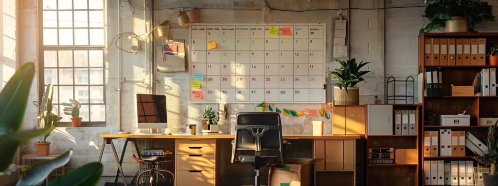 a focused office workspace is organized with a large calendar mapping out a meticulous relocation timeline for moving to red bank, highlighting key tasks with color-coded markers against a backdrop of neatly stacked moving boxes.