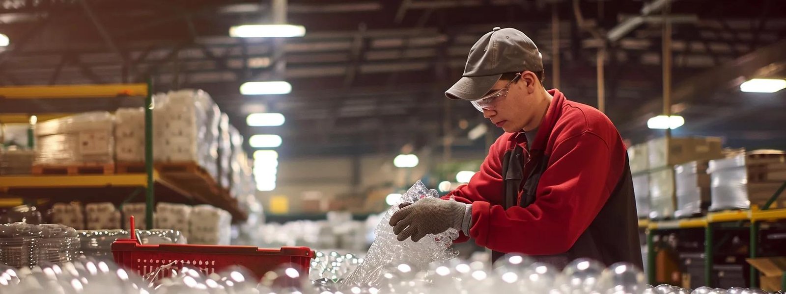 a meticulous warehouse worker carefully wraps delicate glassware in bubble wrap at a clutter-free packing station, illuminated by focused overhead lighting, to emphasize the importance of precision in preventing damage during shipping.