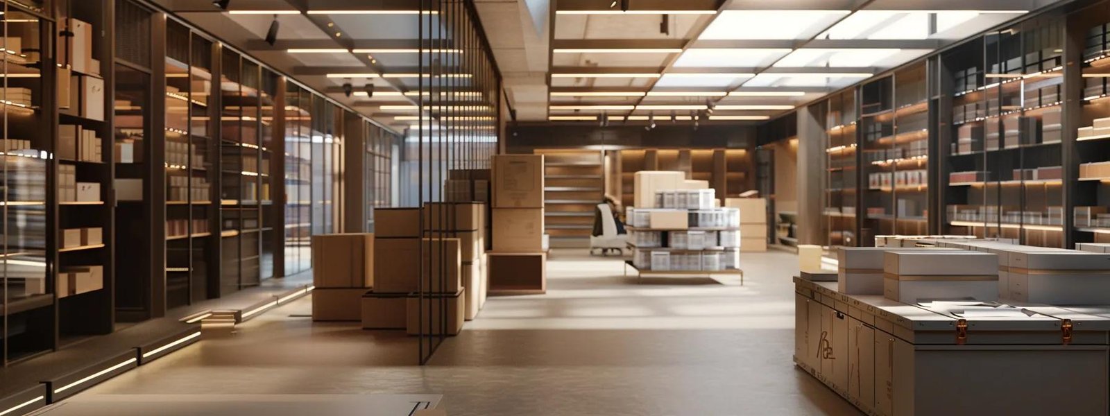 a meticulously organized modern office space showcases efficient packing techniques with neatly stacked boxes, reflecting a smooth and streamlined relocation process under bright, artificial lighting.