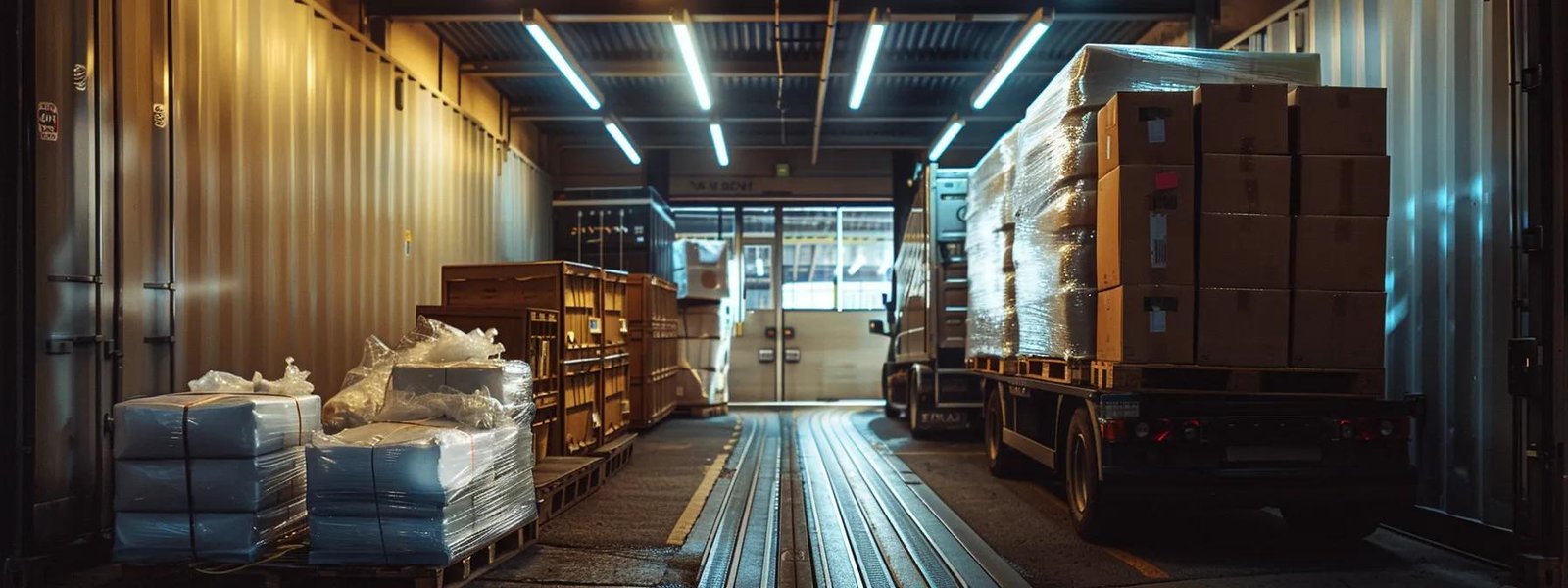 a meticulously organized moving truck showcases carefully packed fragile items, each protected by bubble wrap and sturdy boxes, illuminated by bright overhead lights in a spacious urban loading dock.