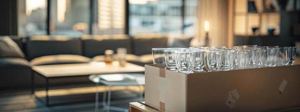 a meticulously organized moving box filled with delicate glassware, positioned in a modern urban apartment with soft, focused lighting highlighting the contours of each piece, emphasizes the precision and care required in handling fragile possessions during relocation.