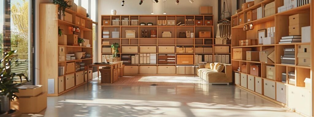 a meticulously organized moving space showcases labeled boxes of various sizes, each filled with distinct supplies, arranged neatly on shelves against a backdrop of a modern, well-lit home interior, emphasizing a strategic approach to packing for maximum efficiency.