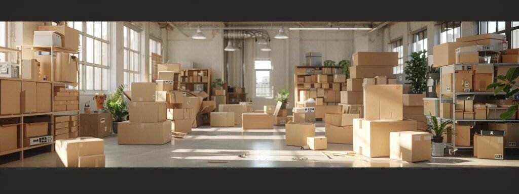 a meticulously organized office space filled with efficiently labeled boxes and packing materials, showcasing an expert's strategic layout for a smooth and time-effective moving process.