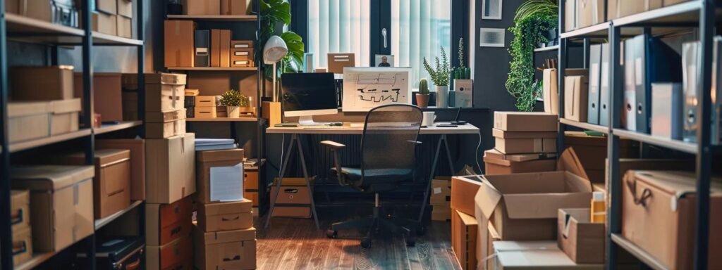 a meticulously organized office space displays a detailed moving timeline on a sleek desk, surrounded by neatly packed boxes, illustrating the preparation and strategy involved in a long-distance relocation.