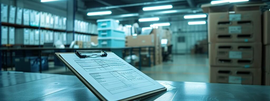 a meticulously organized office space showcases neatly packed boxes labeled for moving, with a clipboard displaying a checklist of specific moving and storage needs in the foreground, illuminated by bright overhead lighting to emphasize the clarity and preparation for a seamless relocation.