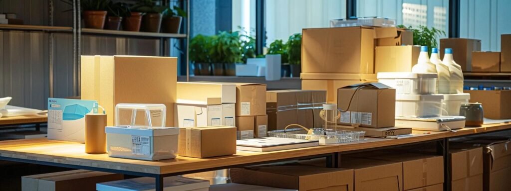 a meticulously organized packing station showcases an array of fragile items, including delicate ceramics and valuable electronics, each securely wrapped in professional-grade materials, set against a clean, modern office backdrop illuminated by bright, artificial lighting.