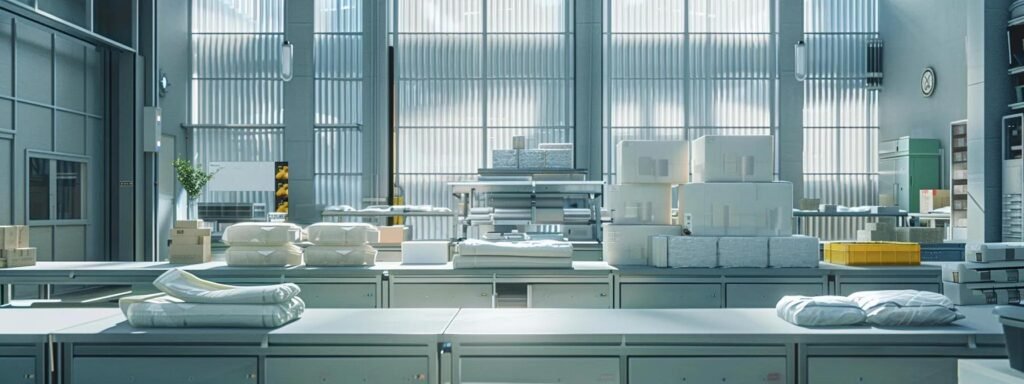 a meticulously organized packing station within a modern warehouse showcases expertly cushioned fragile goods, emphasizing strategic layering, balanced loads, and secure bindings to ensure safe transit.