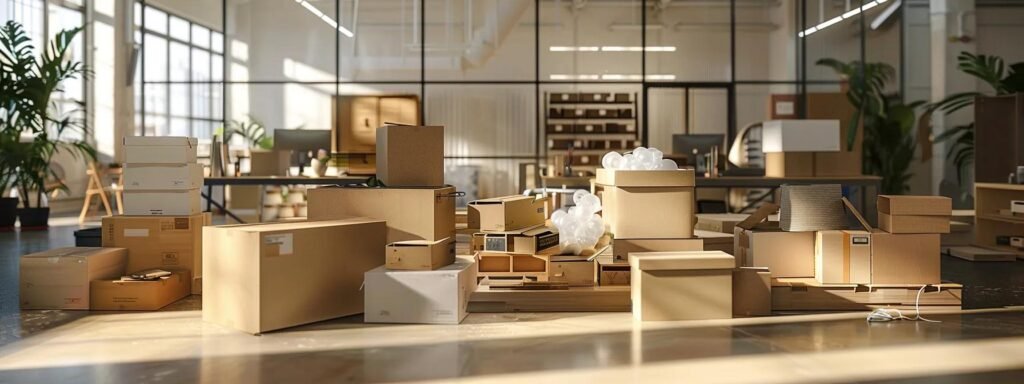 a meticulously organized packing station in a modern office, featuring neatly labeled boxes, various packing materials like bubble wrap and cardboard, and a spacious workspace that showcases a strategic approach to efficient relocation.