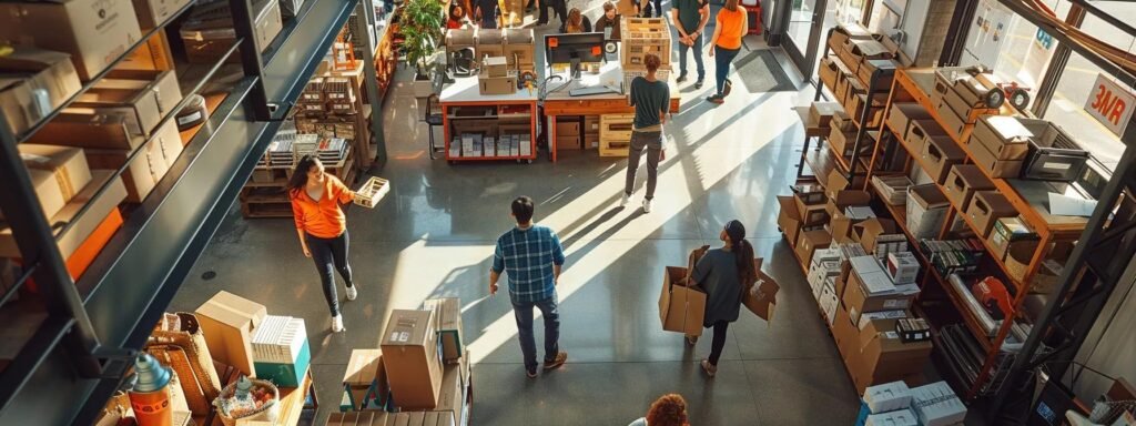 a modern, bustling office environment showcases a team of friendly movers interacting with engaged clients, surrounded by neatly organized moving supplies and documents, emphasizing seamless communication and support during the relocation process.