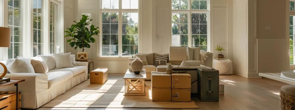 a modern living room in a freshly moved-in red bank property, featuring strategically placed furniture and neatly unpacked boxes, showcasing an inviting ambiance of organized comfort and efficient settling-in.