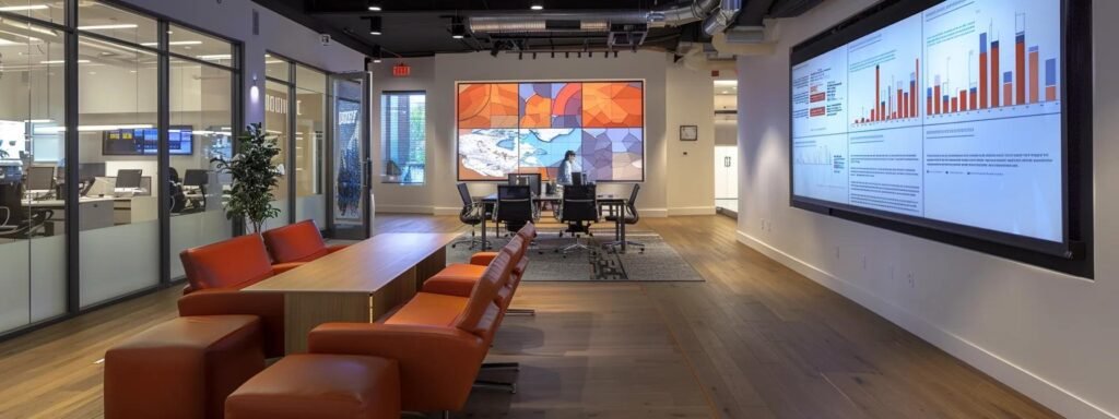 a modern office environment showcases a professional meeting between a small moving company's representative and a satisfied client, with charts highlighting reliability metrics and customer testimonials projected in the background, exuding trust and transparency.