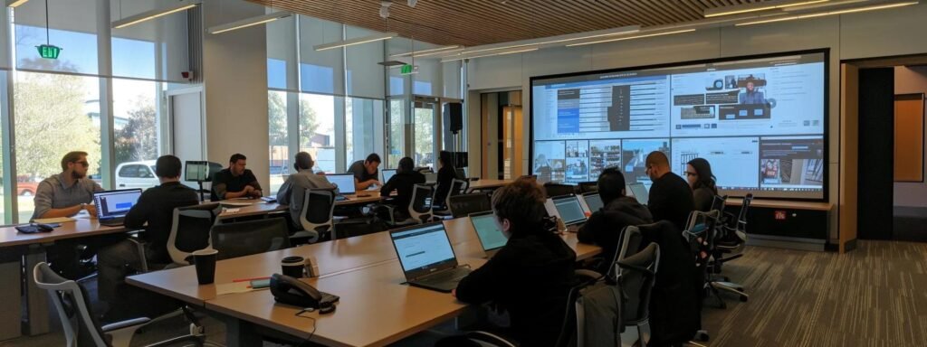 a modern office environment showcases a diverse group of professionals engaged in a collaborative planning session, analyzing moving logistics on digital devices while diagrams of door-to-door and door-to-port services are projected onto a sleek conference room screen.