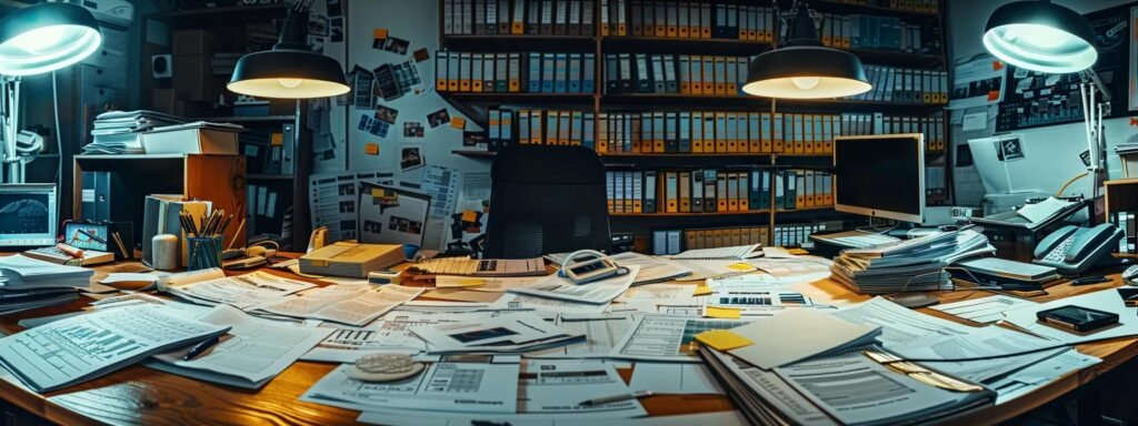 a modern office space features a sleek conference table covered with detailed spreadsheets, documents, and charts, illustrating the complexities of budgeting for a cross-country relocation, illuminated by bright overhead lights for a professional atmosphere.