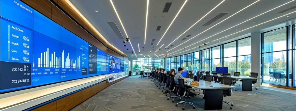 a modern office space filled with professionals engaged in a collaborative meeting, showcasing a large digital screen displaying a clear graph of moving costs and customer satisfaction ratings from next door movers.