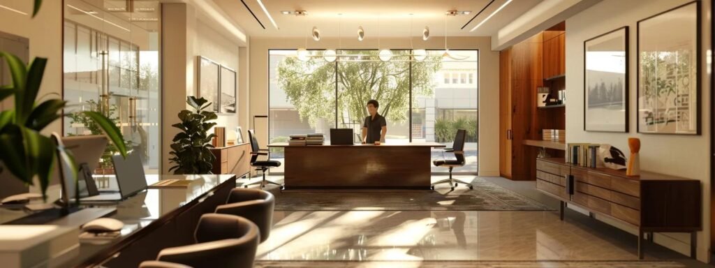 a modern office space showcases a focused client reviewing a detailed moving company proposal on a sleek laptop, surrounded by organized files and a professional ambiance, emphasizing the importance of careful selection for interstate relocation.