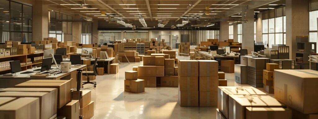 a modern, organized office space is filled with meticulously stacked boxes, emphasizing a smooth transition for relocating, illuminated by bright overhead lights that reflect a sense of clarity and efficiency.