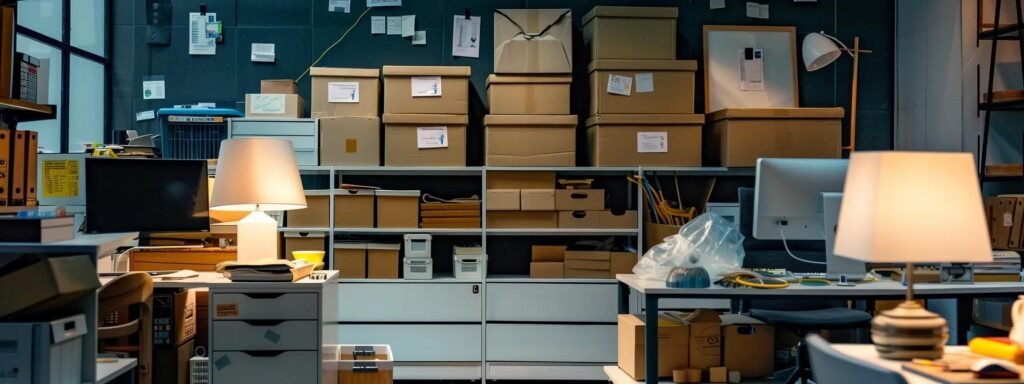 a modern, organized office space features neatly stacked boxes and categorized piles of items, showcasing a strategic decluttering process with labels for packing, donating, and discarding, all under bright, focused lighting that highlights the efficiency of the workspace.