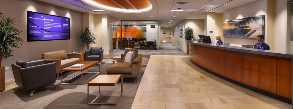 a modern, professionally designed office environment showcasing a confident moving consultant engaging with a satisfied client, with a digital display of moving quotes and a wall adorned with customer testimonials emphasizing transparency and trust.