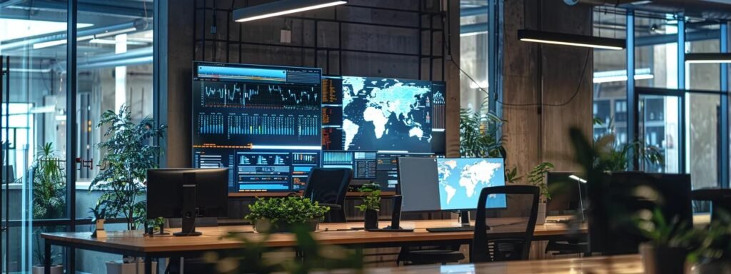 a modern, sleek office interior showcases a large computer screen displaying vibrant visuals of a user-friendly platform, connecting customers with trusted local moving companies through detailed profiles and real-time data analytics.