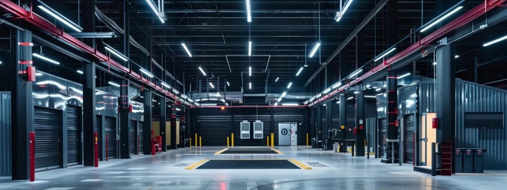 a modern, well-organized self-storage facility showcases various storage solutions, featuring sleek metal units, portable containers, and climate-controlled spaces, all under bright overhead lighting that highlights their secure and accessible design.