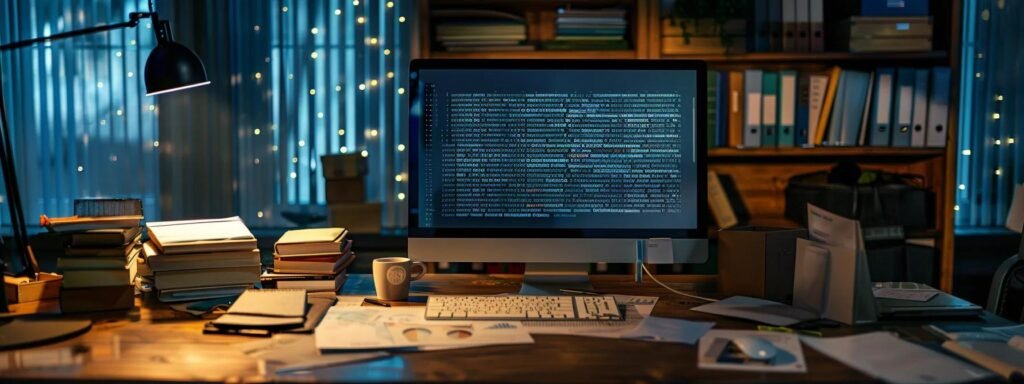 a modern, well-organized office workspace features a sleek computer displaying a list of reputable moving and storage companies, surrounded by stacks of documents and a coffee cup, emphasizing professionalism and trust in the relocation process.
