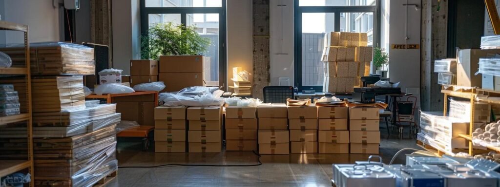 a neatly organized office space showcases an array of high-quality packing supplies, including sturdy, double-walled cardboard boxes, protective bubble wrap, and packing tape, all arranged methodically on a polished desk, emphasizing the importance of safeguarding fragile goods during a move.
