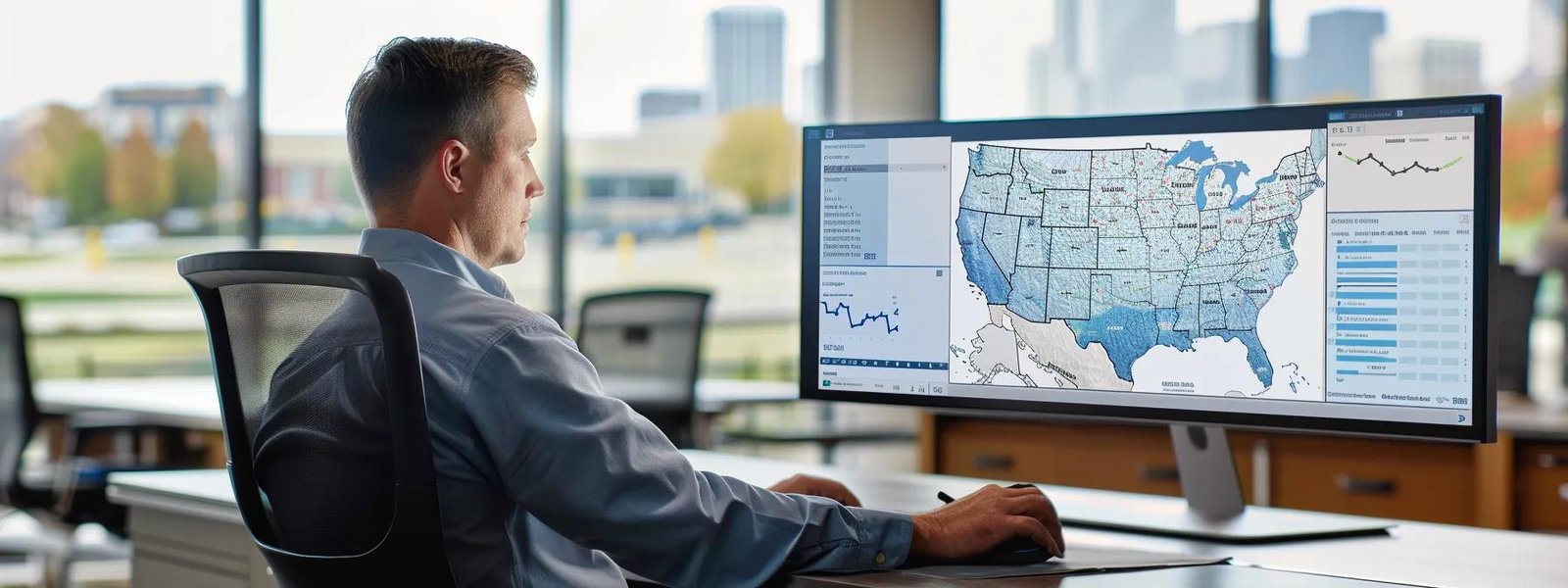 a professional-looking individual sits at a sleek modern desk in a well-lit office, intently reviewing a comprehensive digital map of moving company regulations across various states, with a large screen displaying highlighted legal guidelines and connections.