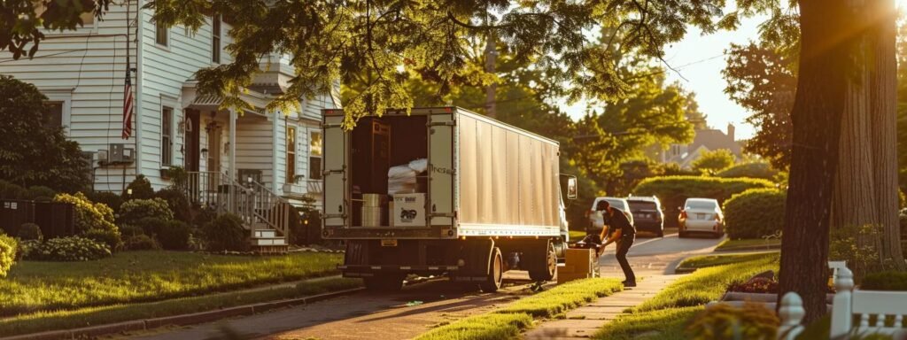 a professional moving team efficiently packing and loading household items into a branded truck in a suburban marlboro nj neighborhood, conveying trust and expertise in a clear, well-lit outdoor setting.