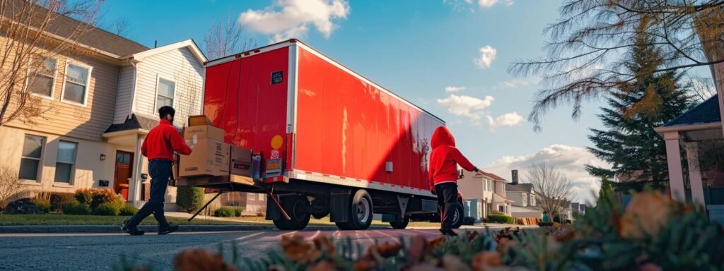 a professional moving team efficiently loads a bright red moving truck outside a modern jersey home, showcasing their commitment to a seamless relocation in a clear blue sky urban setting.