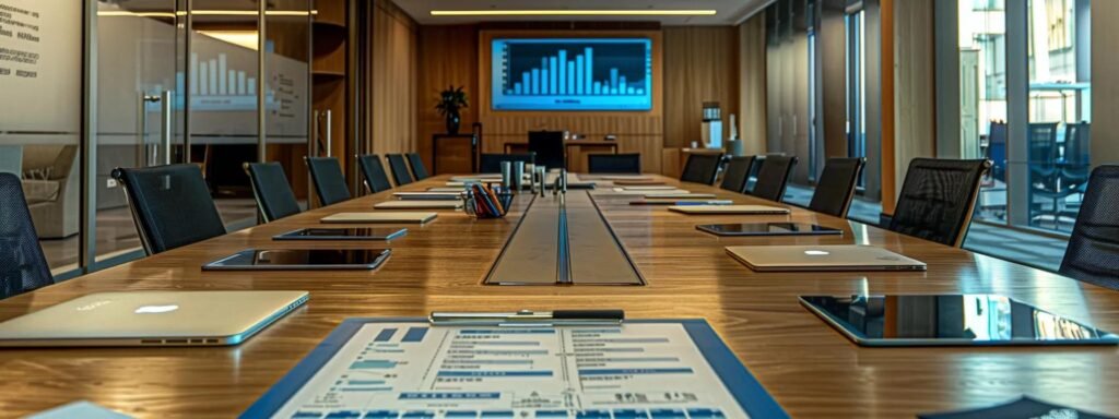 a professional setting showcases a close-up of a sleek conference table cluttered with vibrant contracts, detailed quotes, and a laptop displaying a comparison chart, highlighting the strategic process of evaluating moving and storage services.
