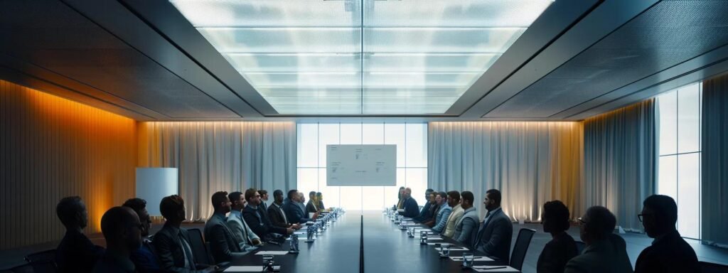 a sleek, modern conference room filled with professionals attentively discussing a digital presentation on moving company regulations, illuminated by sharp overhead lights that emphasize their engaged expressions and collaborative atmosphere.