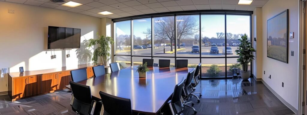 a sleek, modern office adorned with vibrant branding elements showcases a diverse team of professionals strategizing around a polished conference table, encapsulating the commitment and reliability of a top-rated moving company in marlboro, nj.