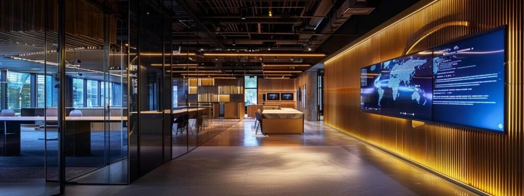 a sleek, modern office environment features a computer screen illuminated by soft, ambient lighting, displaying lines of dynamic text and ai-driven insights, symbolizing the future of content creation.