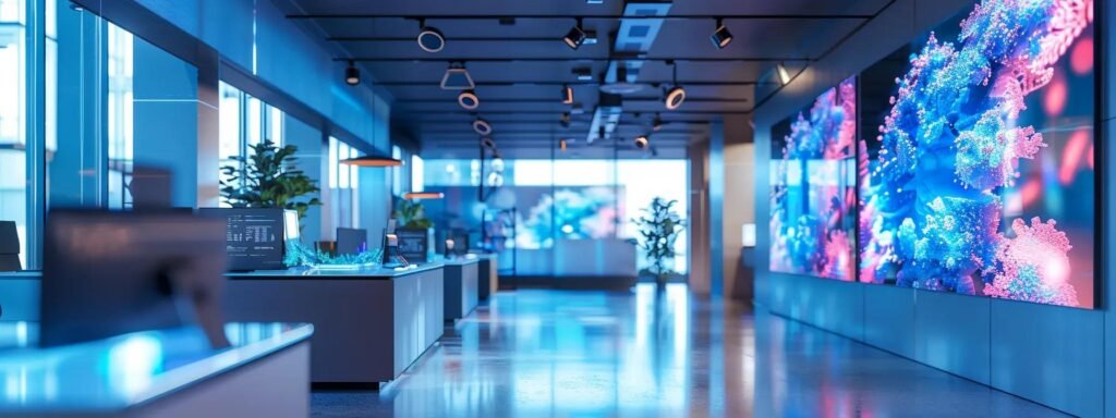 a sleek, modern office environment showcases a sophisticated digital workspace filled with vibrant ai-generated content displayed on multiple high-resolution screens, emphasizing the theme of advanced technology in content creation.