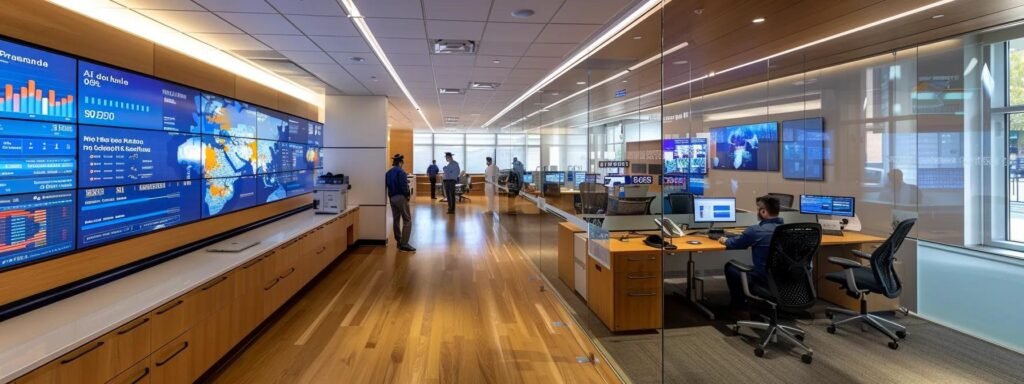 a sleek, modern office environment showcases a team of professionals deeply engaged in analyzing customer review data on digital screens, with charts and feedback prominently displayed, emphasizing the meticulous assessment of moving services like packing and handling specialized items.
