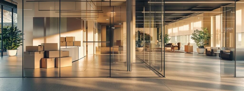a sleek, modern office environment showcases a professional moving team efficiently coordinating a door-to-door relocation, with clear packing materials and a digital interface displaying real-time logistics.