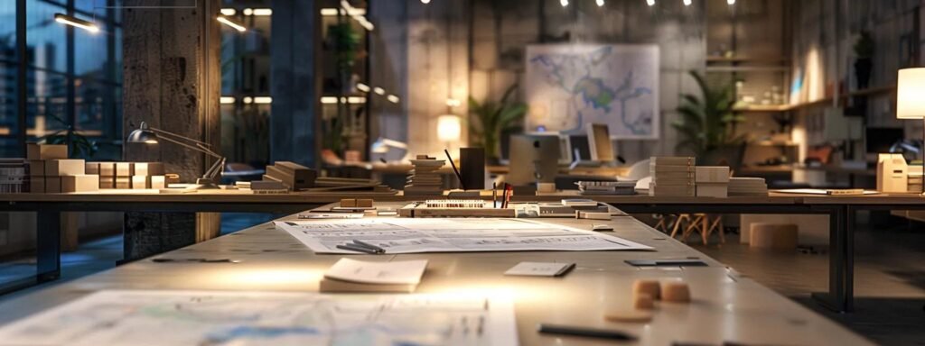 a sleek, modern office environment filled with moving supplies and engaged team members collaborating over a large map and detailed plans, epitomizing the personalized service and meticulous planning of a professional moving company.
