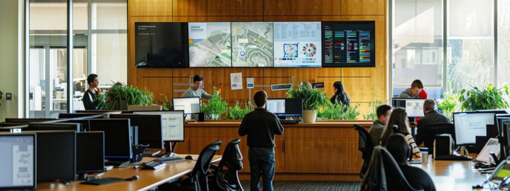 a sleek, modern office environment showcases a diverse team of professionals collaborating over a digital map and planning board, embodying the efficiency and organization of nextdoor moving's relocation services.