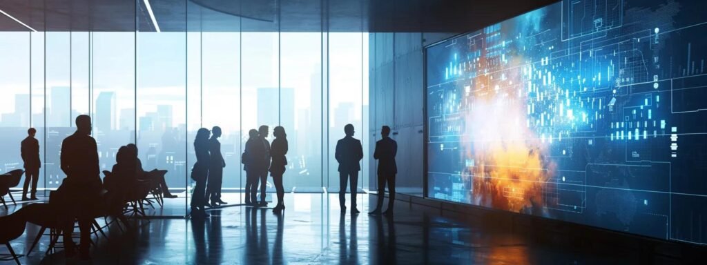 a sleek, modern office environment with an illuminated digital screen displaying thought-provoking ai ethics guidelines, surrounded by diverse professionals engaged in deep discussion, emphasizing the importance of responsible technology use.