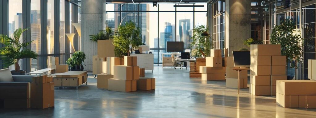 a sleek, modern office filled with moving boxes and a digital screen displaying relocation logistics, symbolizing the efficiency and professionalism of moving services for both door-to-door and door-to-port options.