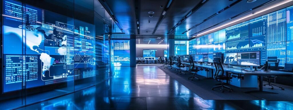 a sleek, modern office filled with vibrant digital screens displaying dynamic data visualizations and ai writing interfaces, illuminated by cool, artificial lighting to enhance the high-tech atmosphere.