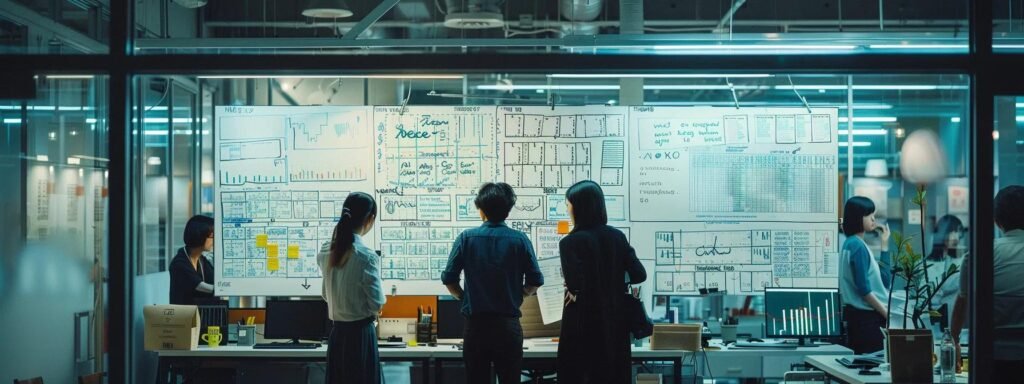 a sleek, modern office setting features a large whiteboard filled with outlines and charts, showcasing a focused discussion on assessing unique moving needs, with a diverse group of professionals exchanging ideas and strategizing over a central table loaded with moving supplies and packing materials.