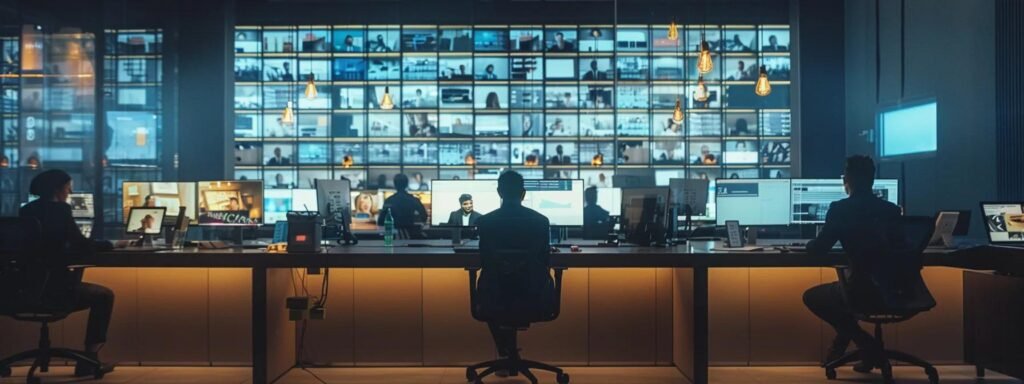 a sleek, modern office setting is filled with attentive staff analyzing glowing customer reviews displayed on large screens, embodying a culture of transparency and dedication in the moving industry.
