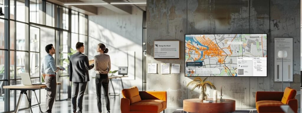 a sleek, modern office setting featuring a professional team of local movers discussing logistics over detailed maps of rumson, nj, with a digital display showcasing clear pricing and service highlights in the background.