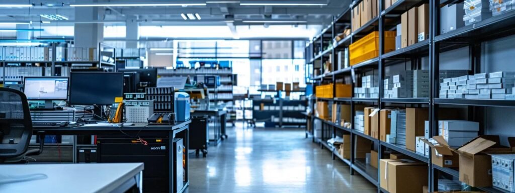a sleek, modern office space is filled with an array of specialized packing tools and professional packing solutions, showcasing advanced technology such as tracking devices and state-of-the-art packing equipment, all meticulously organized to highlight the efficiency and sophistication of the moving industry.