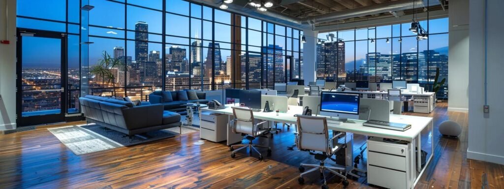 a sleek, modern office space showcases a confident individual reviewing detailed moving estimates on a digital tablet, surrounded by organized paperwork and a city skyline visible through large windows, emphasizing the importance of transparent pricing from local small moving companies.