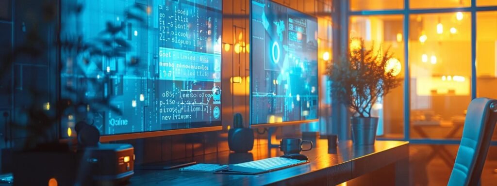 a sleek, modern office workspace is illuminated by soft, ambient lighting, featuring a glowing computer screen displaying ai-generated content, reflecting innovation and technology in action.