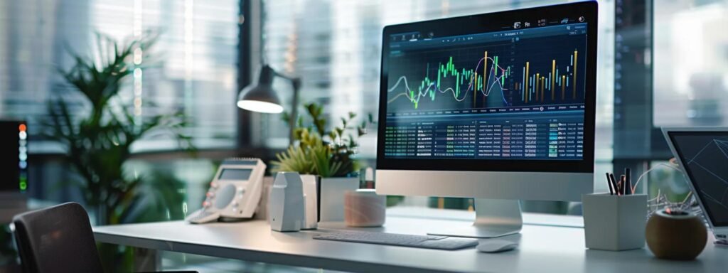 a sleek, modern office workspace features a high-tech computer displaying vivid graphs and analytics, surrounded by minimalist decor and dynamic lighting that highlights the efficiency of ai-generated content creation.